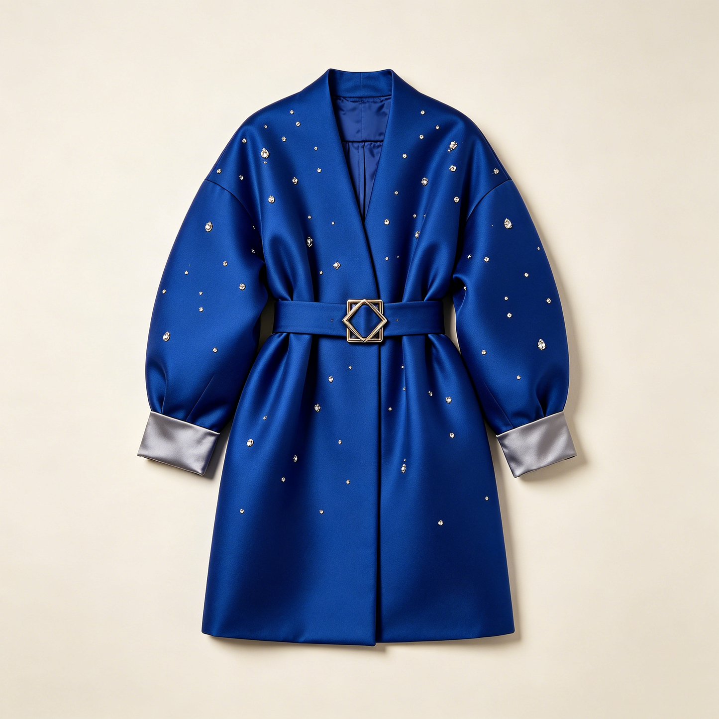 Royal Blue Rhinestone Satin Belted Coat
