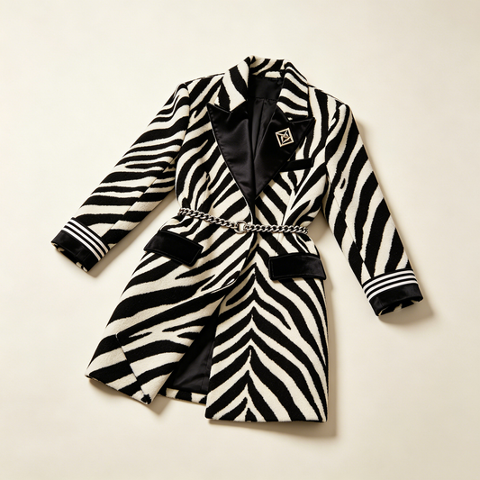 Zebra Print Chain Belt Wool Blazer Coat