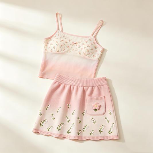 Pink Gradient Floral Knit Skirt Set