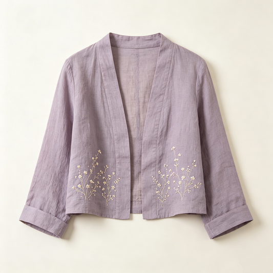 Lavender Floral Embroidery Linen Open Jacket