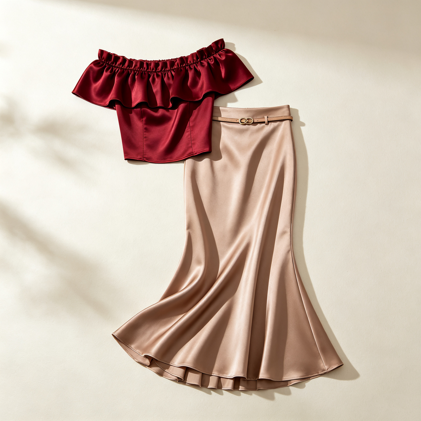 Burgundy Satin Off-Shoulder Midi Skirt Set