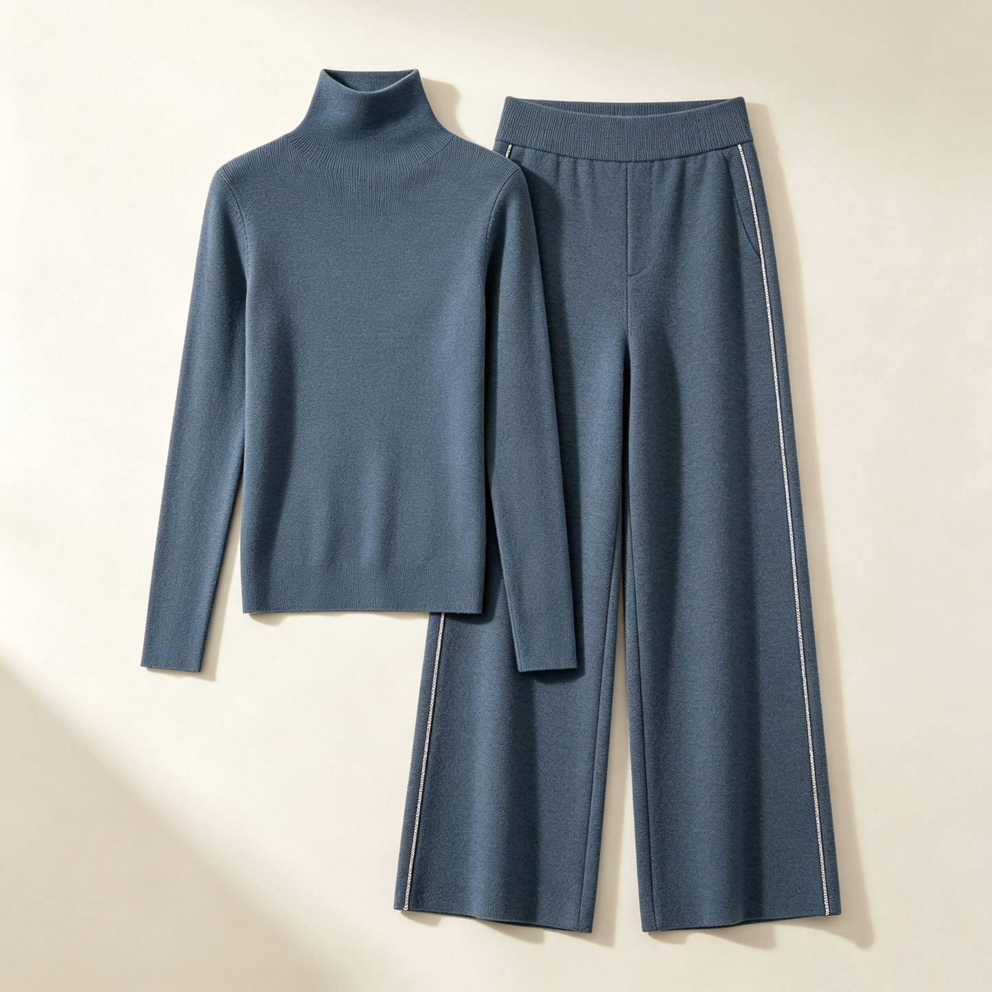 Blue Turtleneck Knit Wide Leg Pant Set
