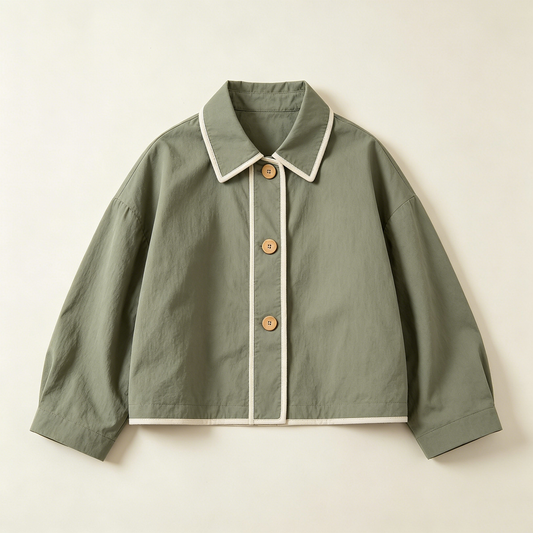 Sage Green Piping Trim Cotton Crop Jacket