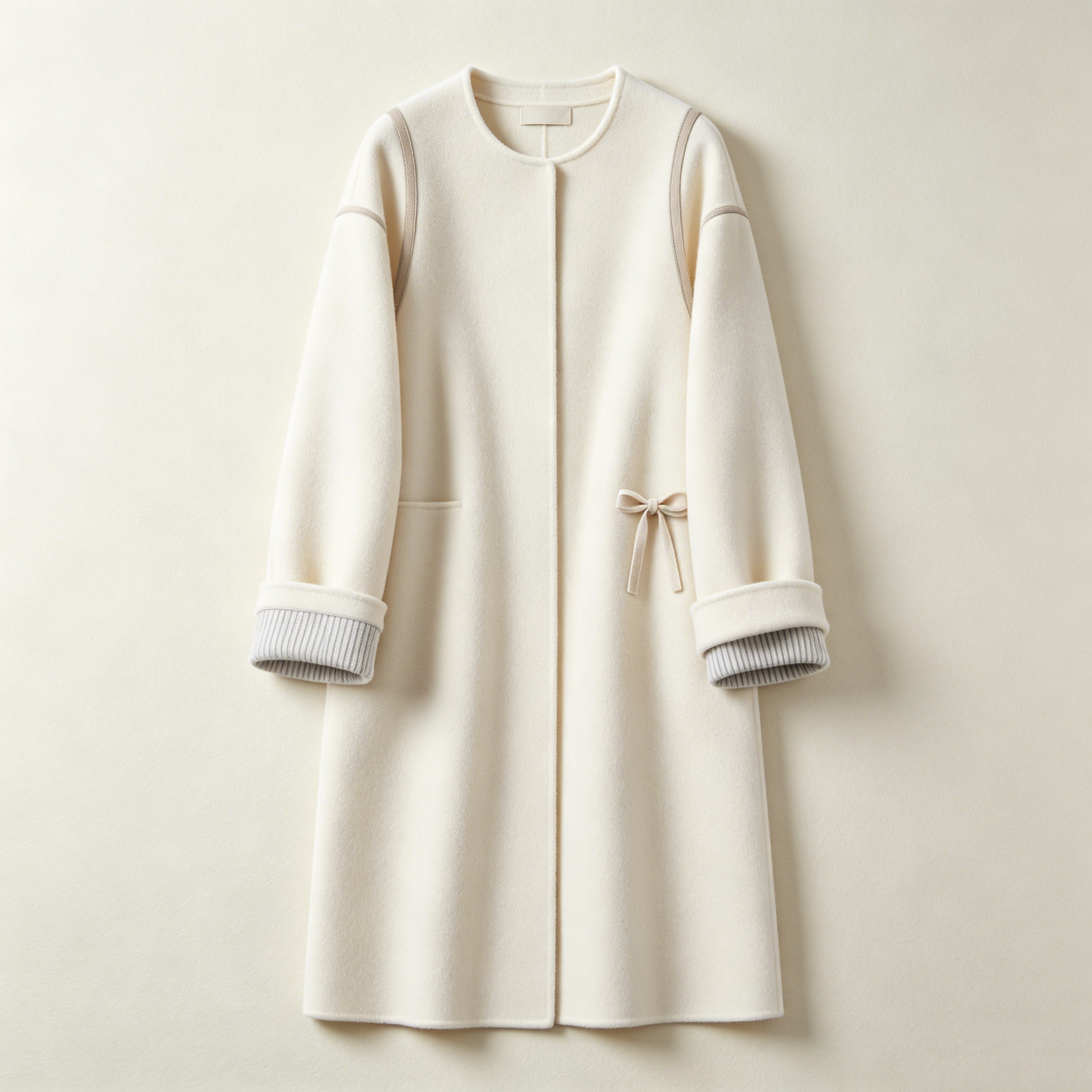 Off White Bow Detail Round Neck Wool Overcoat