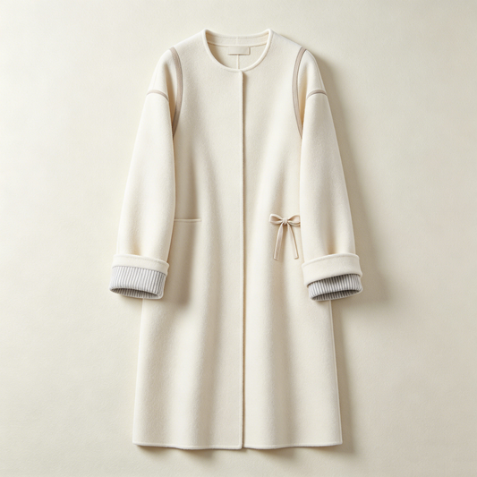 Off White Bow Detail Round Neck Wool Overcoat