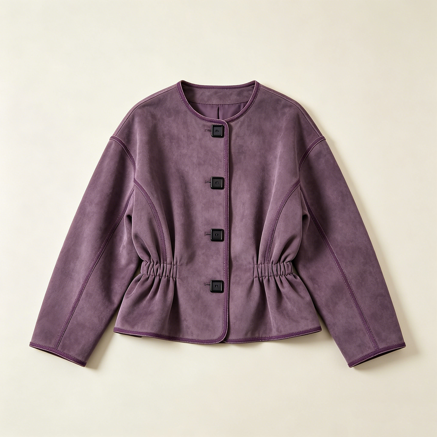 Purple Gathered Waist Faux Suede Short Coat