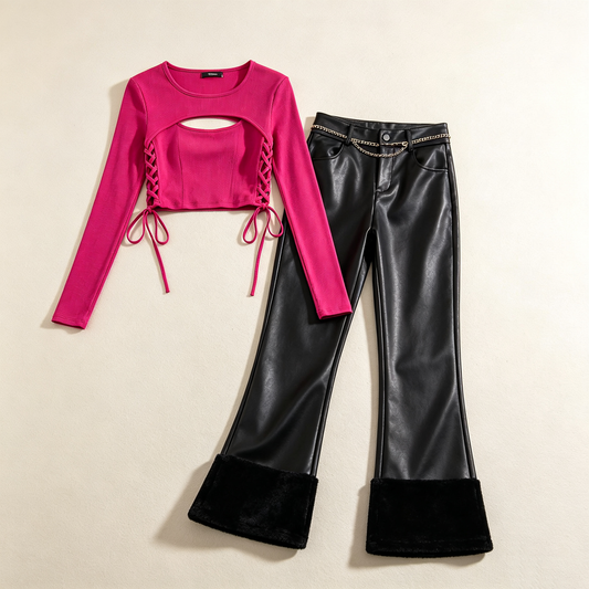 Fuchsia Cutout Lace-Up Leather Flare Pant Set