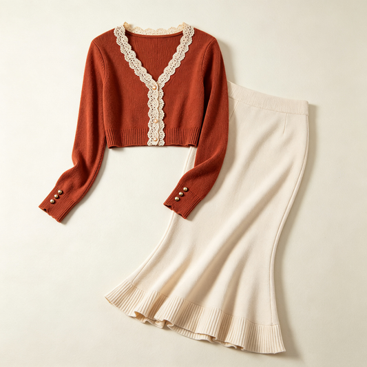 Rust Lace Knit Skirt Set