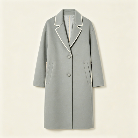 Light Grey Piping Trim Lapel Wool Long Coat
