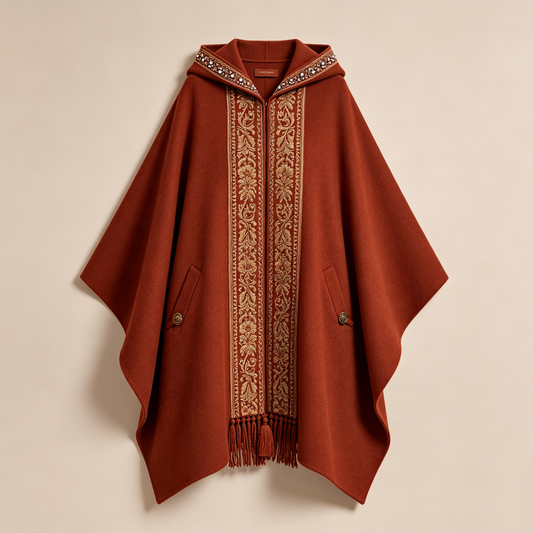Rust Embroidered Hooded Wool Cape Coat