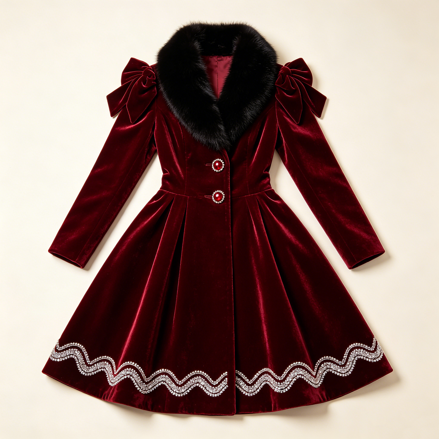 Burgundy Fur Collar Bow Velvet Dress Coat