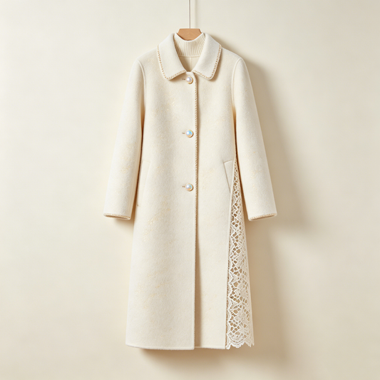 Cream Glitter Lace Panel Wool Long Coat