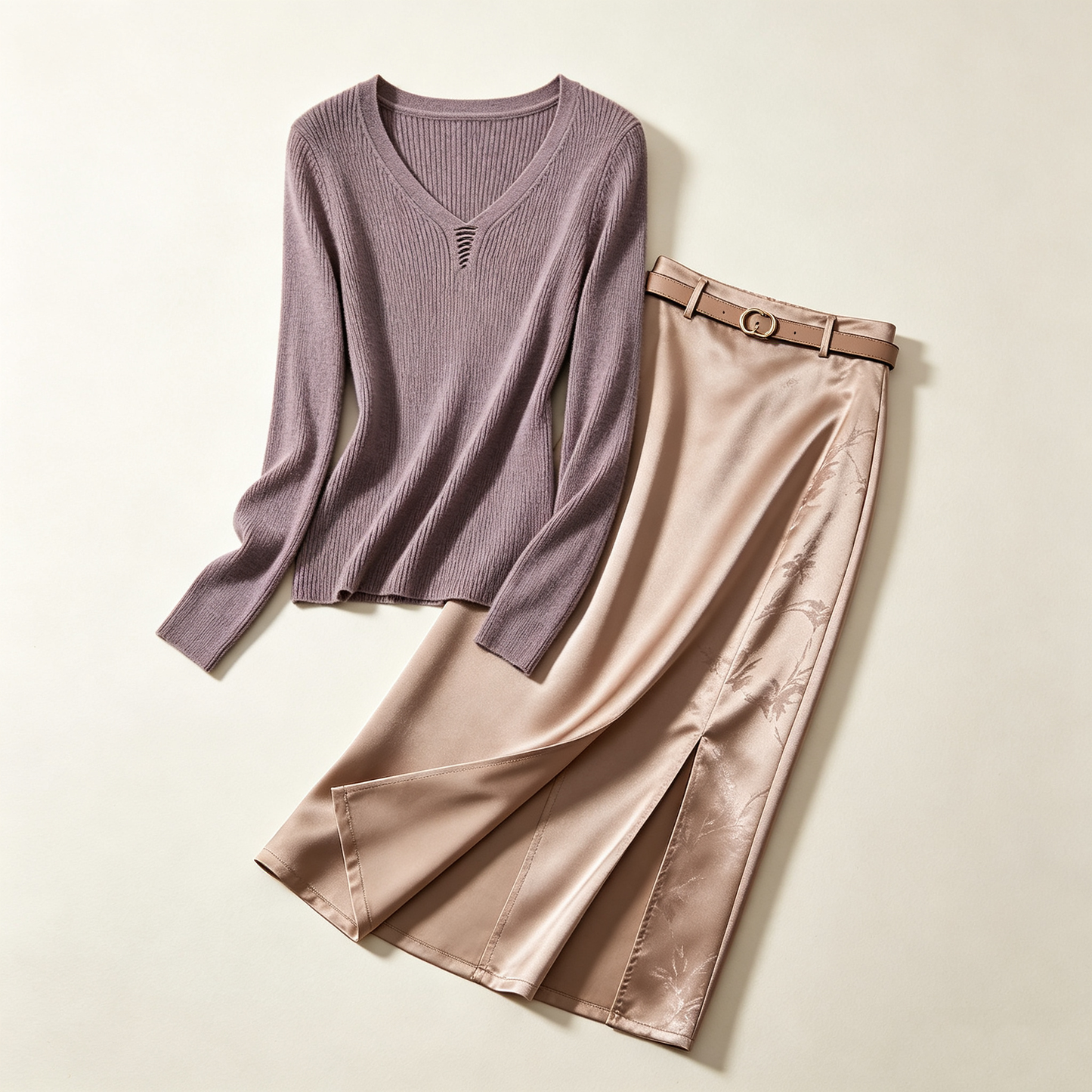 Lilac Knit Satin Skirt Set
