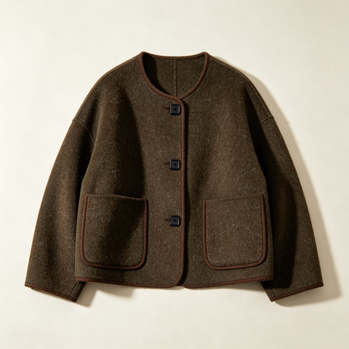 Brown Contrast Trim Wool Short Coat
