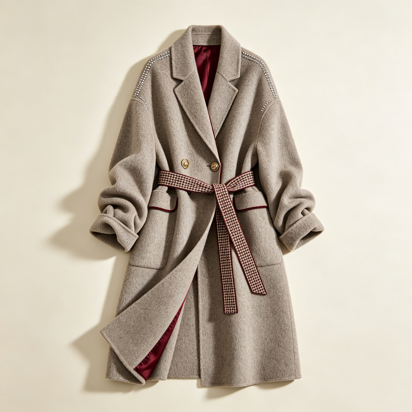 Oat Rhinestone Shoulder Belted Wool Coat