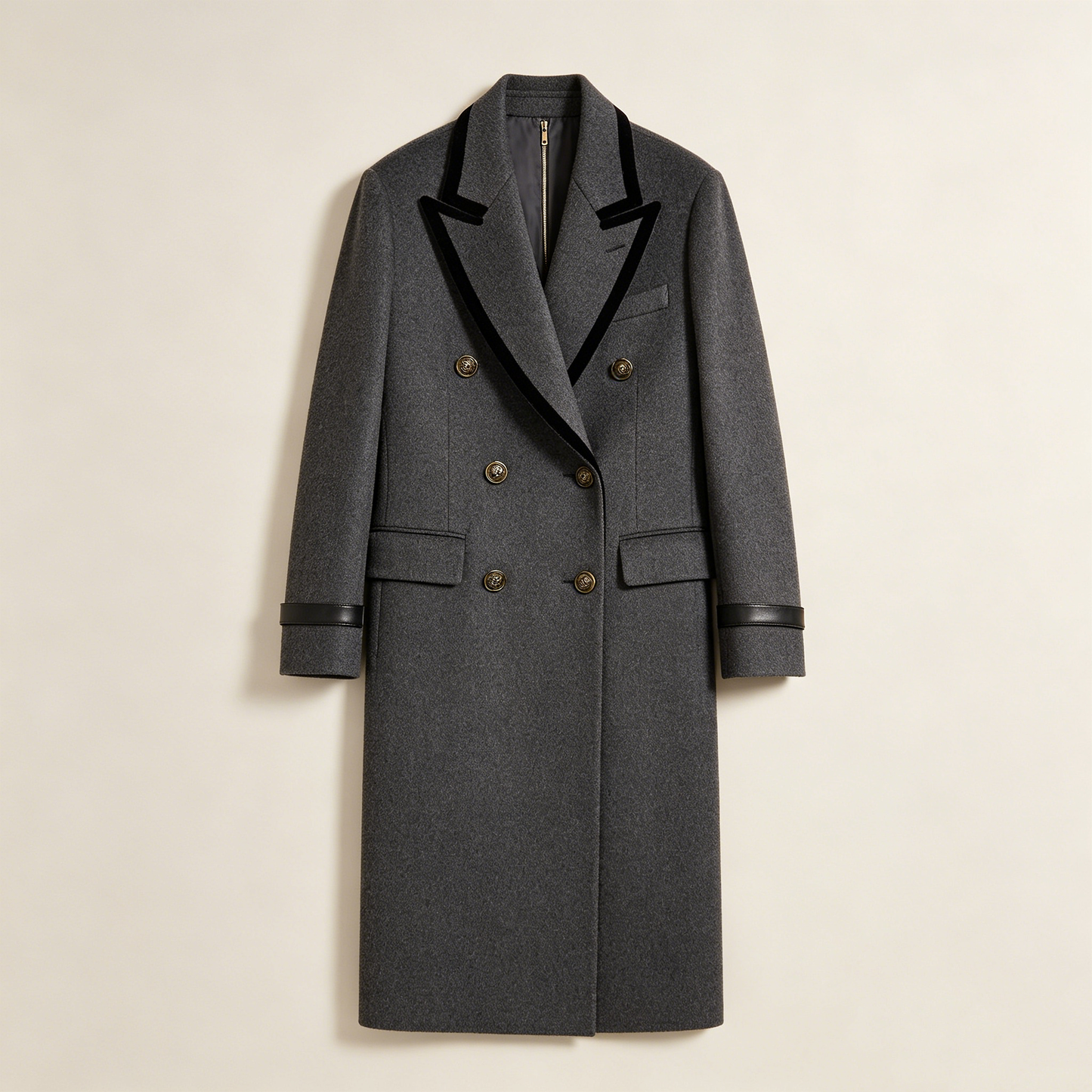 Dark Grey Velvet Trim Double Breasted Wool Coat