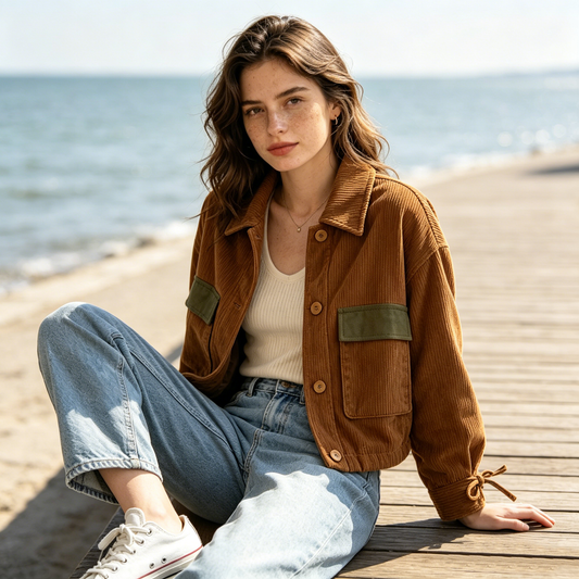 Tan Corduroy Color Block Cargo Jacket
