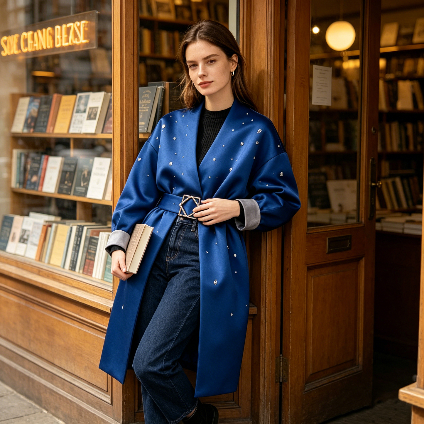 Royal Blue Rhinestone Satin Belted Coat