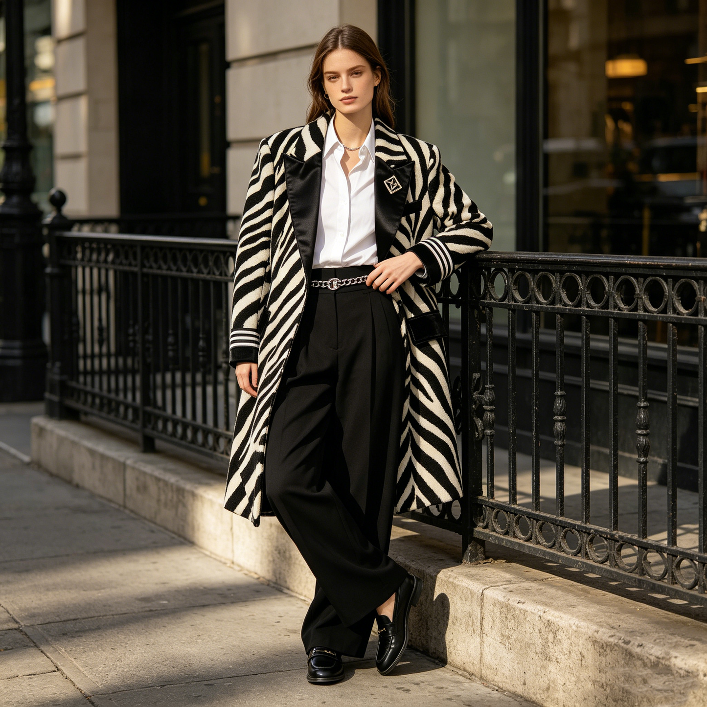 Zebra Print Chain Belt Wool Blazer Coat