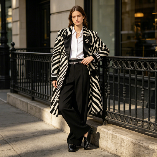 Zebra Print Chain Belt Wool Blazer Coat