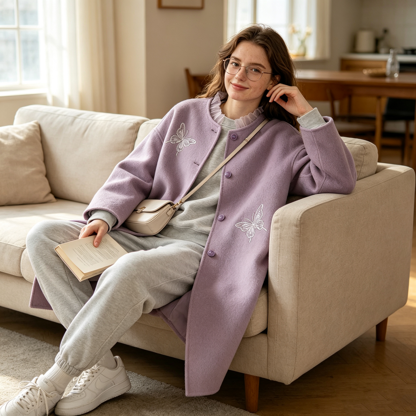 Lavender Butterfly Embroidery Round Neck Wool Coat