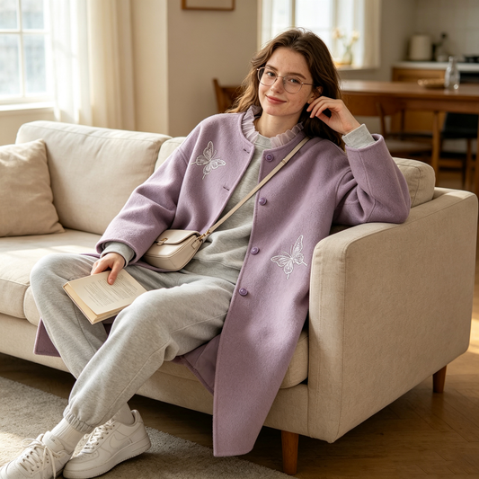 Lavender Butterfly Embroidery Round Neck Wool Coat