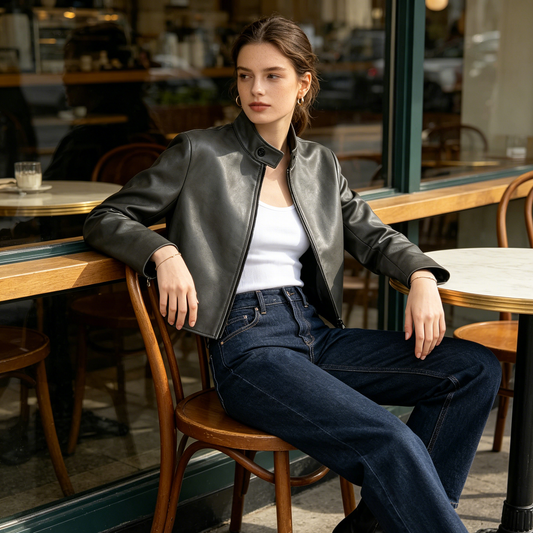 Grey Stand Collar Zip Faux Leather Crop Jacket