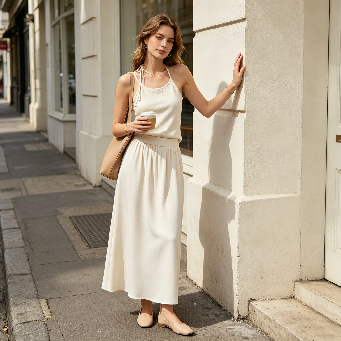 Cream Halter Satin Wide Leg Skirt Set