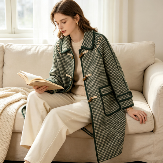 Green Houndstooth Frog Button Wool Coat