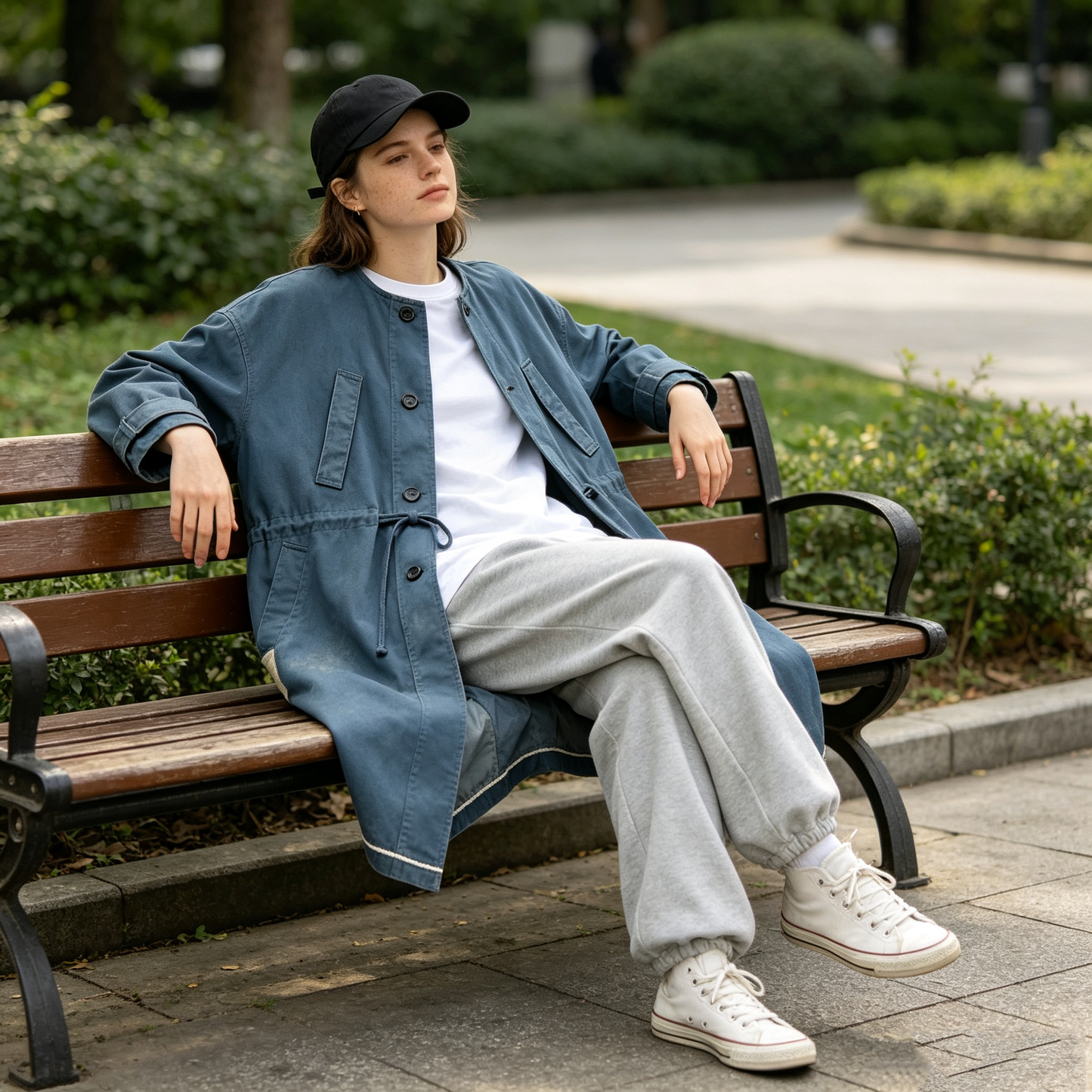 Blue Drawstring Waist Canvas Field Coat