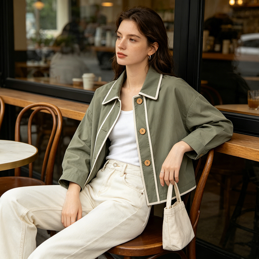 Sage Green Piping Trim Cotton Crop Jacket