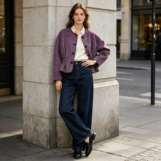 Purple Gathered Waist Faux Suede Short Coat