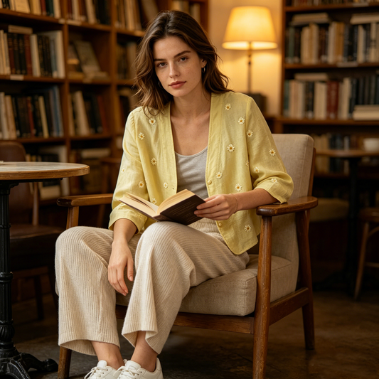 Pale Yellow Daisy Embroidery Linen Cardigan