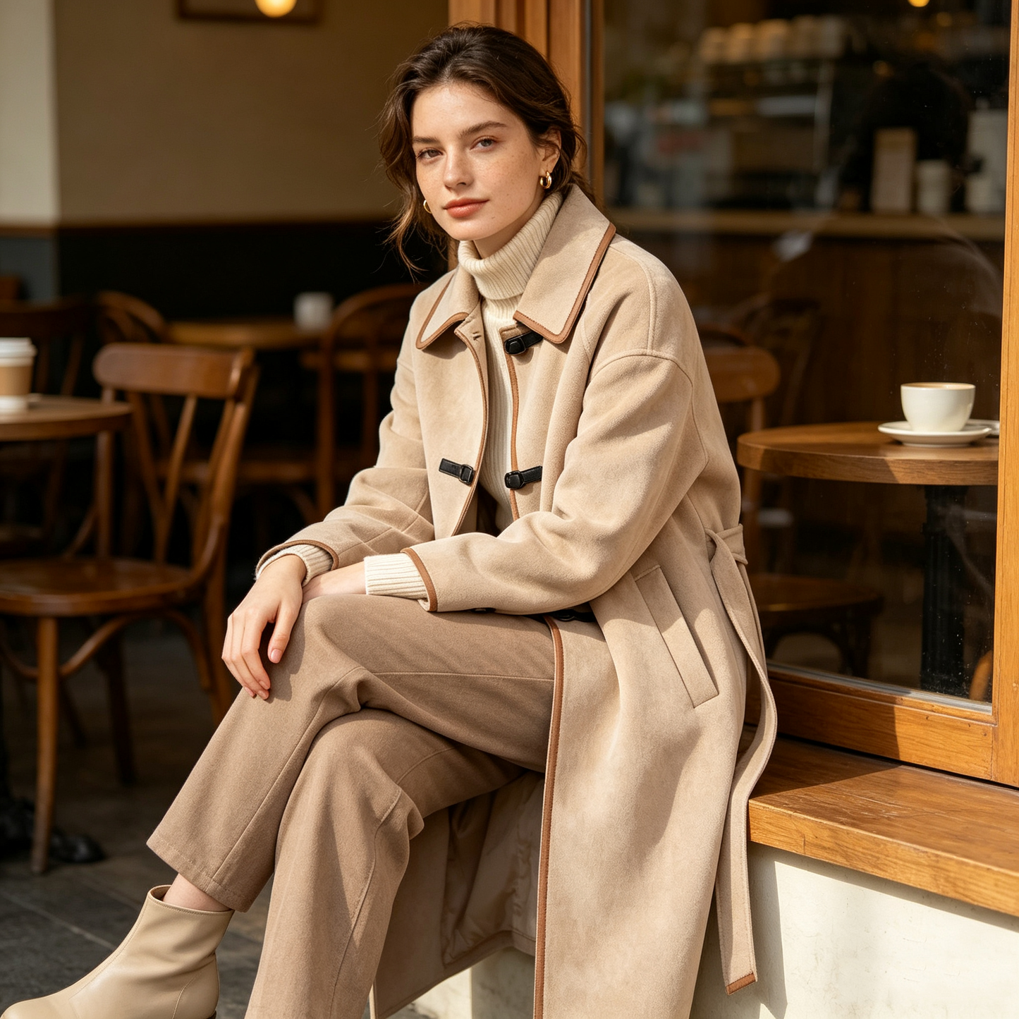 Beige Suede Buckle Belted Long Coat