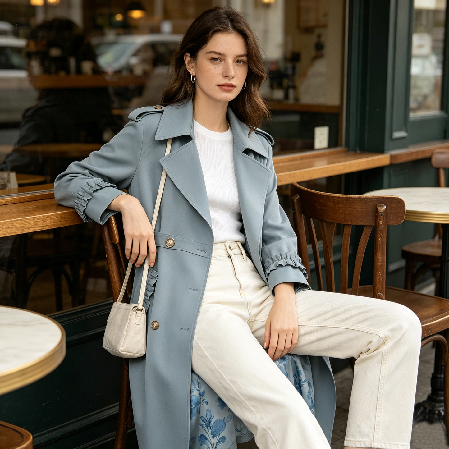 Light Blue Ruffle Cuff Belted Trench Coat