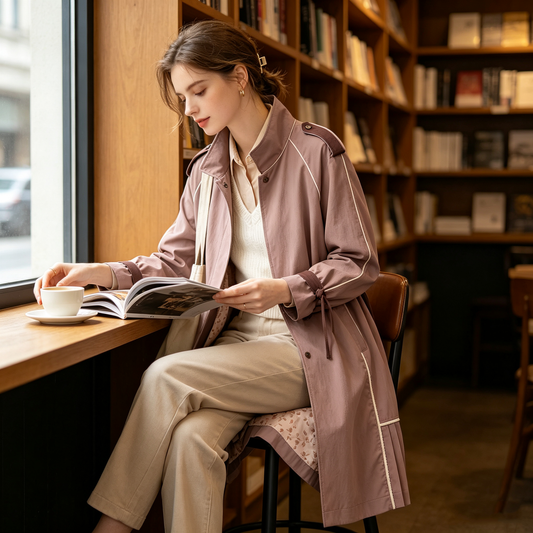 Dusty Pink Pleated Hem Belted Windbreaker