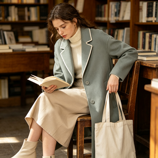 Light Grey Piping Trim Lapel Wool Long Coat