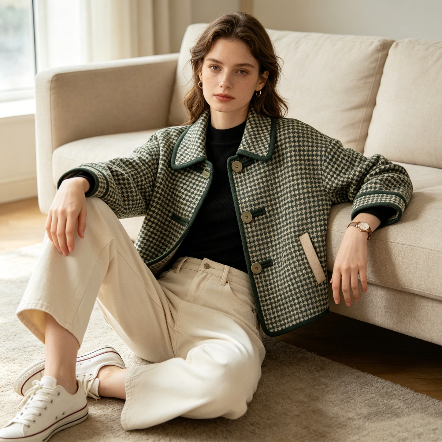 Green Houndstooth Wool Blend Short Coat