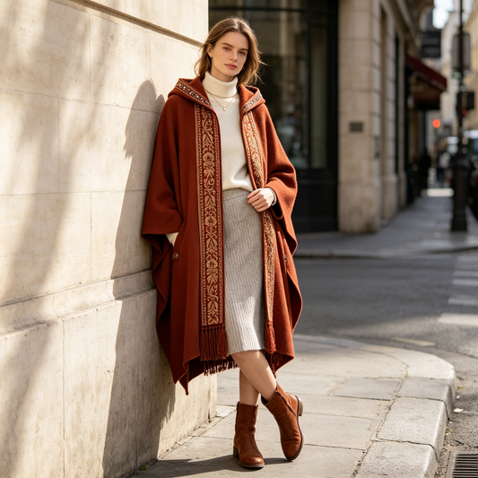 Rust Embroidered Hooded Wool Cape Coat
