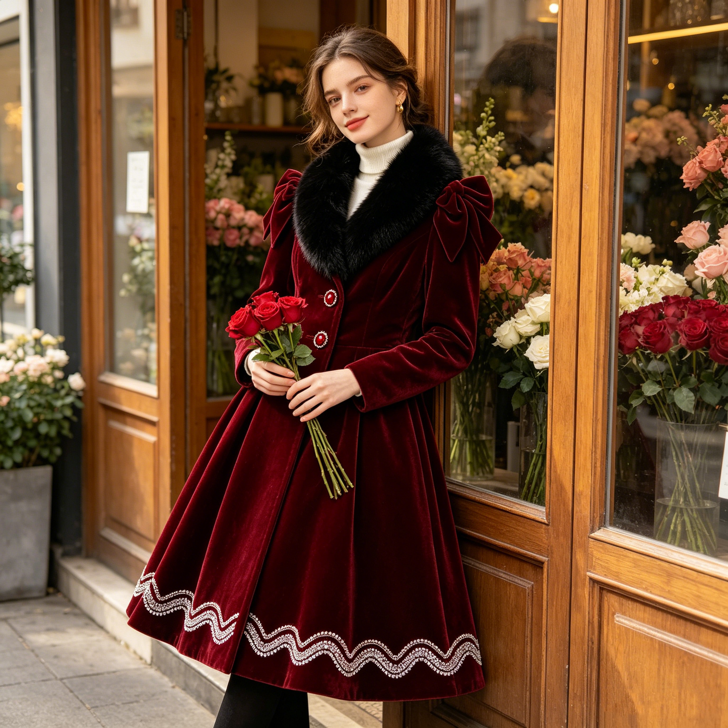 Burgundy Fur Collar Bow Velvet Dress Coat