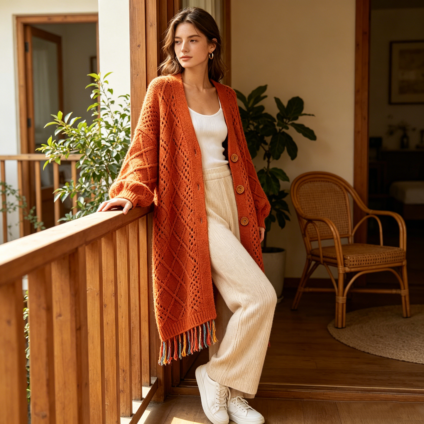 Orange Hollow Knit Fringe Long Cardigan