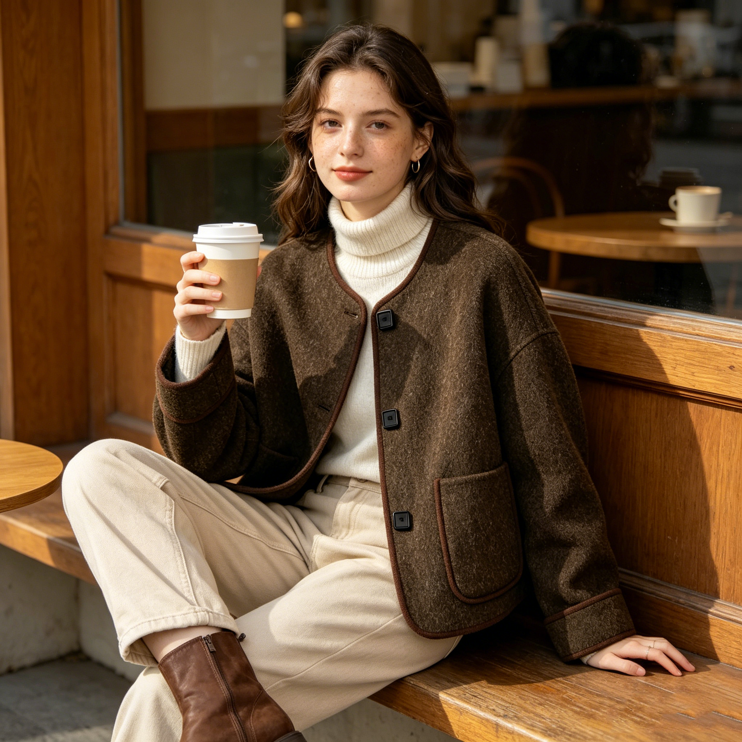 Brown Contrast Trim Wool Short Coat