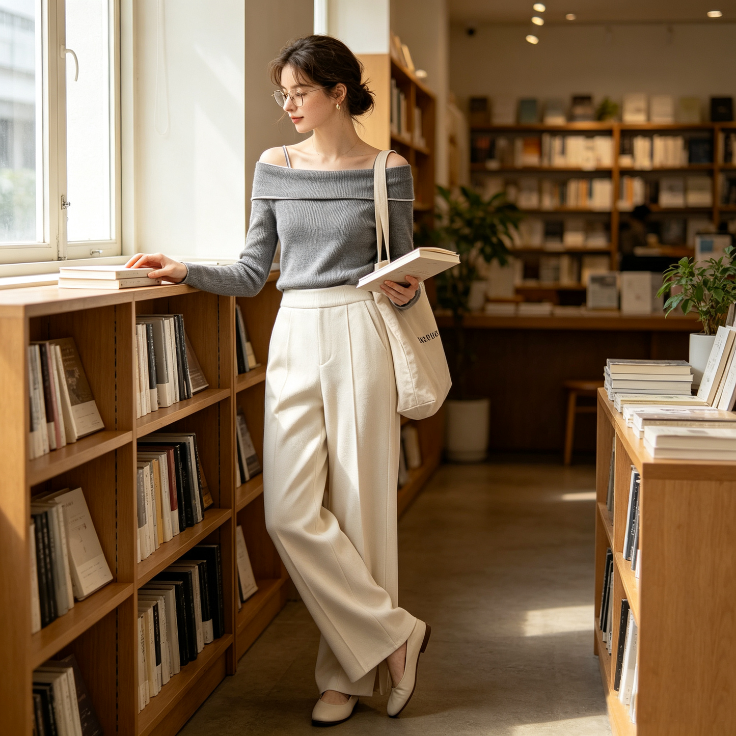 Grey Off-Shoulder Knit Pant Set