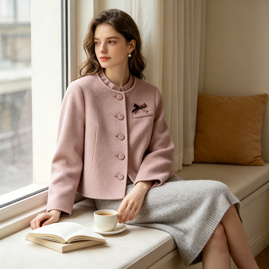 Dusty Pink Bow Detail Wool Cape Coat