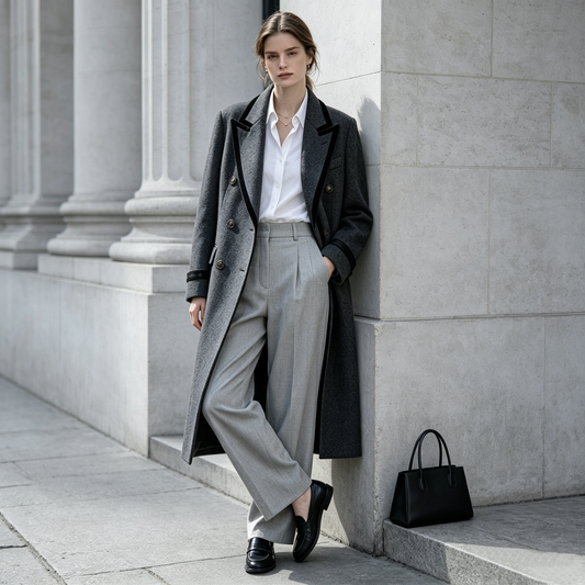 Dark Grey Velvet Trim Double Breasted Wool Coat