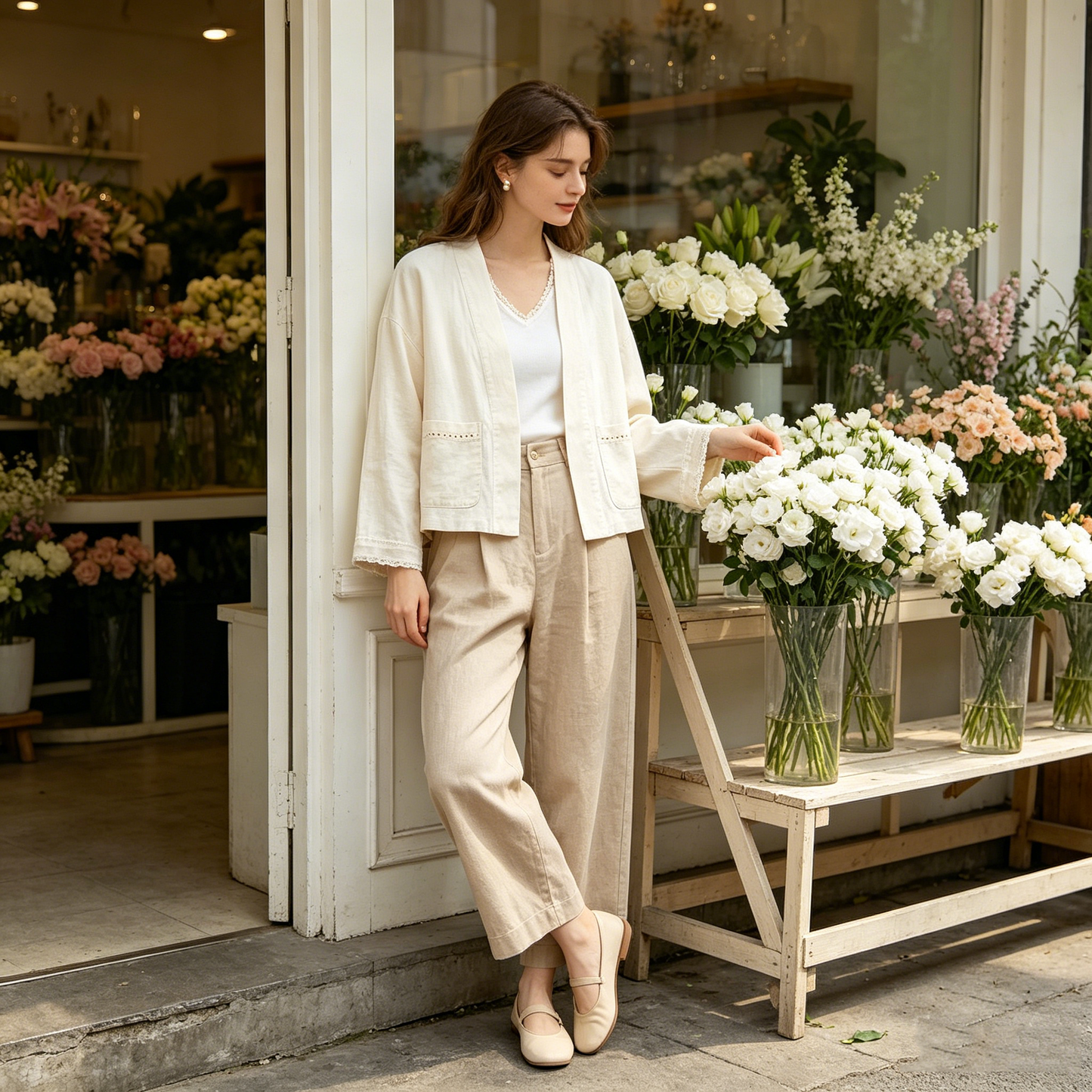 Cream Lace Linen Blend Open Jacket