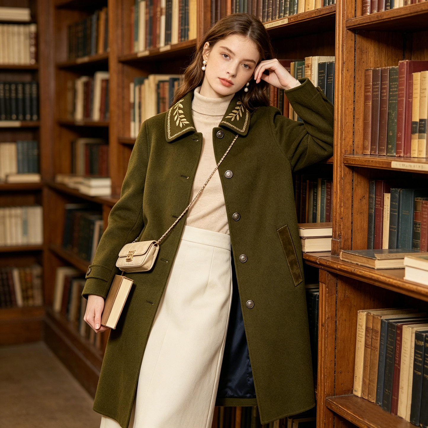 Army Green Leaf Embroidery Collar Wool Coat