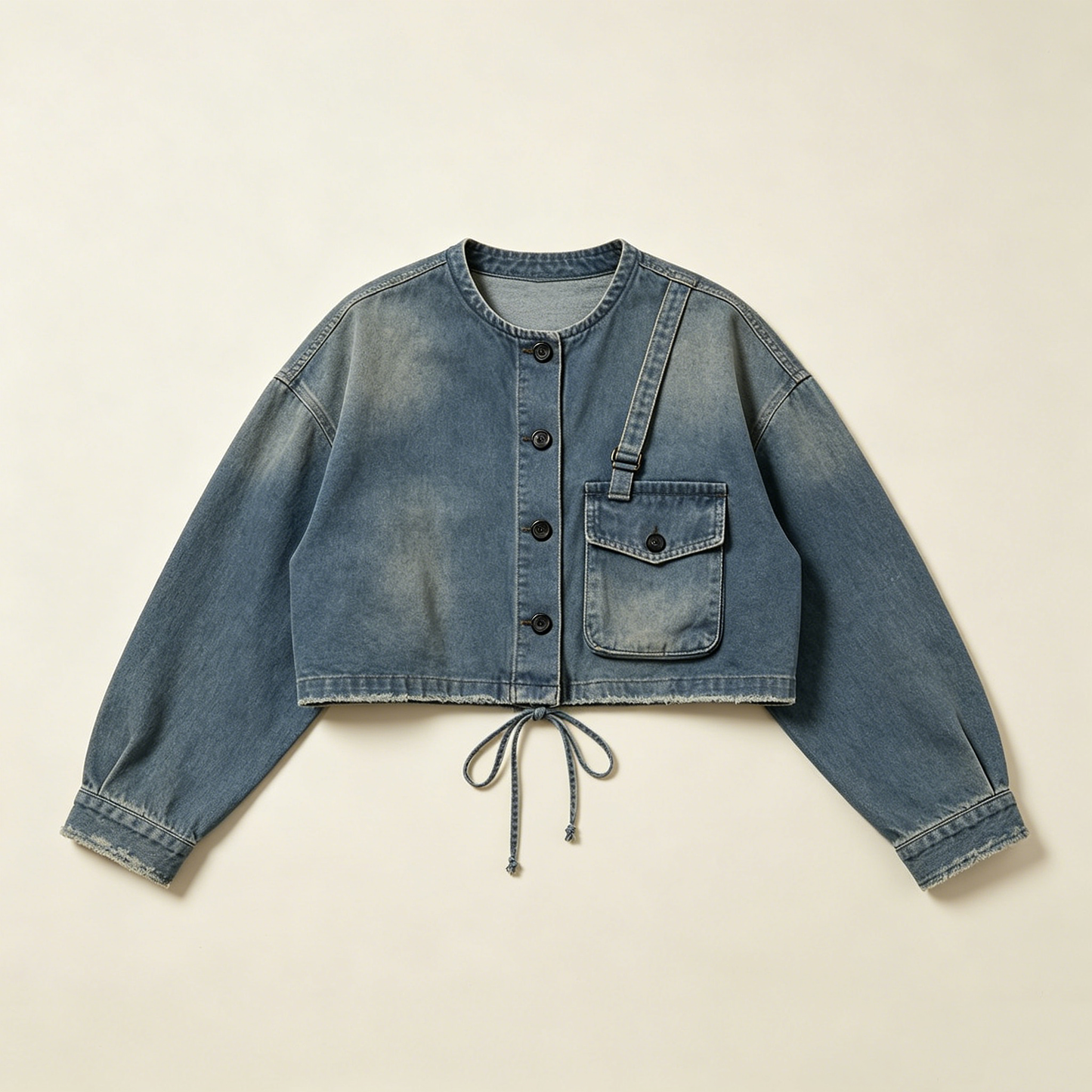 Washed Denim Drawstring Crop Jacket