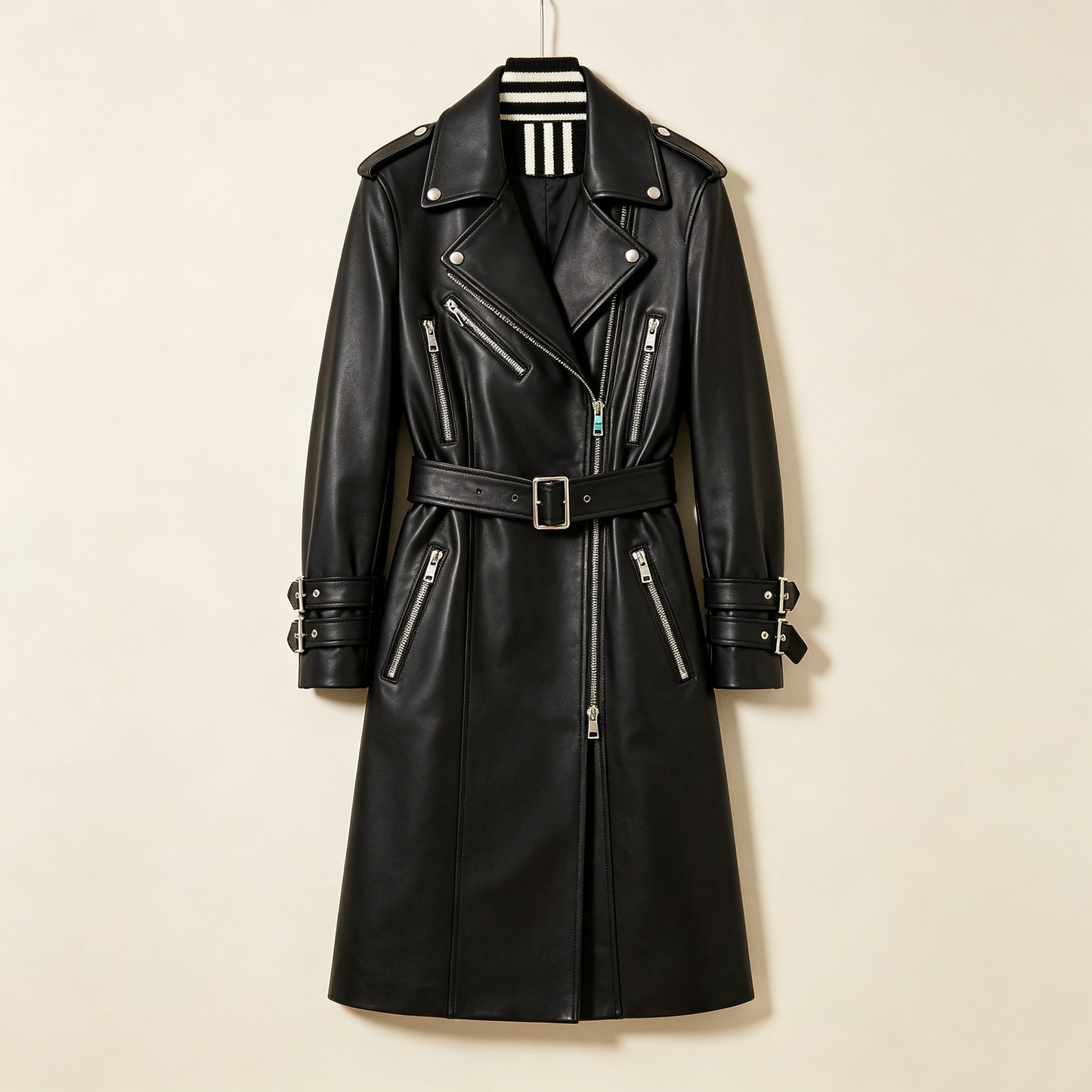 Black Belted Zipper Faux Leather Trench Coat