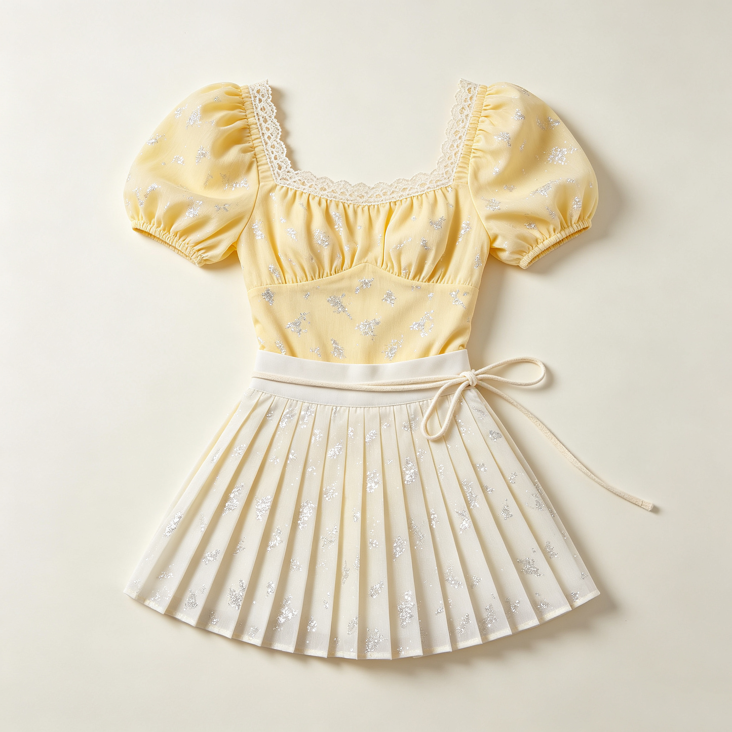 Yellow Glitter Puff Sleeve Pleated Skirt Set